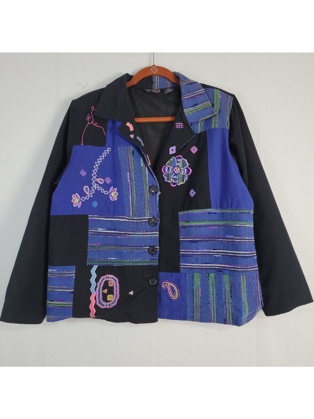 New Identity Floral Embroidered Patchwork Jacket sz L Black Multi Colorful Artsy
